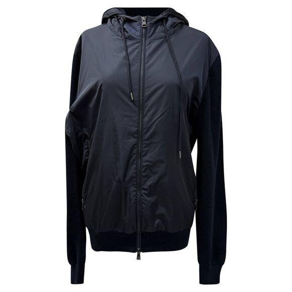 Moncler Zipped Panelled Hooded Cardigan in Navy Blue Polyamide and Wool - Picture 1 of 6